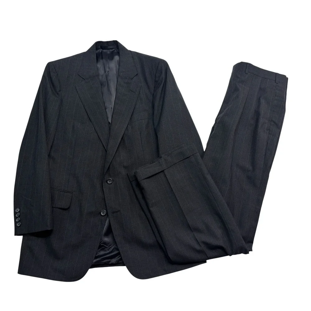 vtg 90s USA Made 40R 34x32 Charcoal Pinstripe 2pc Pant Suit Pleated High Waisted